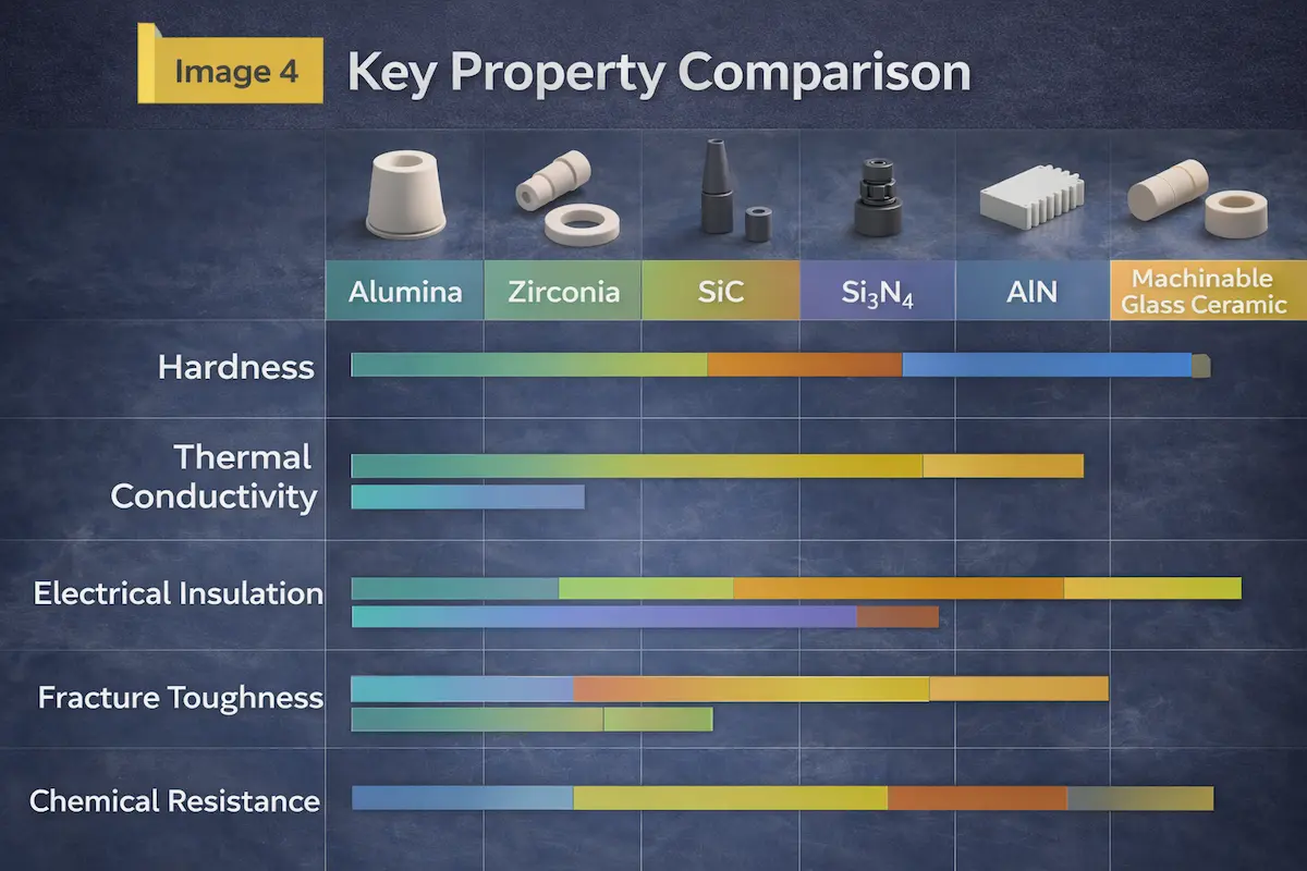 Comparison chart of ceramic material properties including hardness, thermal conductivity, electrical insulation, fracture toughness, and chemical resistance.