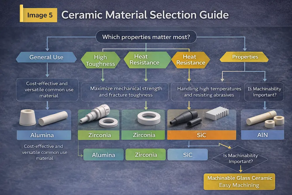 Ceramic material selection guide showing how to choose alumina, zirconia, silicon carbide, aluminum nitride, or machinable glass ceramic based on application priorities.