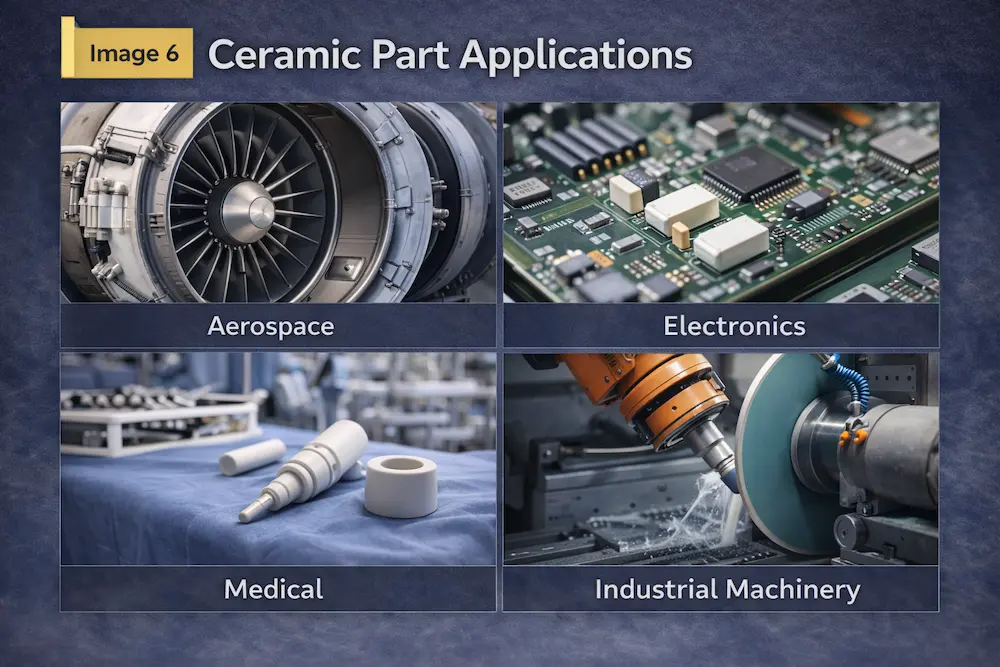 Ceramic part applications in aerospace, electronics, medical equipment, and industrial machinery.