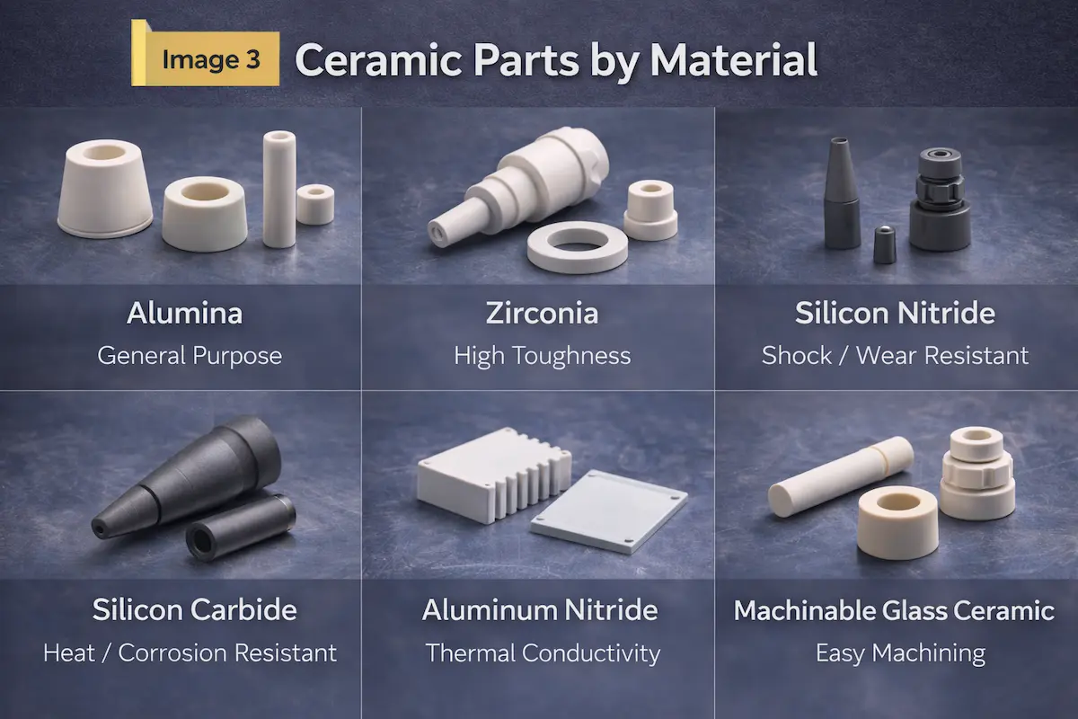 Ceramic parts by material including alumina, zirconia, silicon nitride, silicon carbide, aluminum nitride, and machinable glass ceramic.