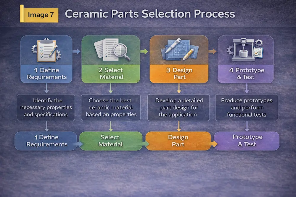 Ceramic parts selection process flowchart showing steps from defining requirements and selecting material to part design, prototyping, and testing.
