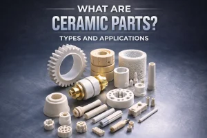 Cover image for the article “What Are Ceramic Parts? Types and Applications,” showing a range of precision ceramic components including rings, tubes, nozzles, insulators, and wear parts arranged on a metal surface.