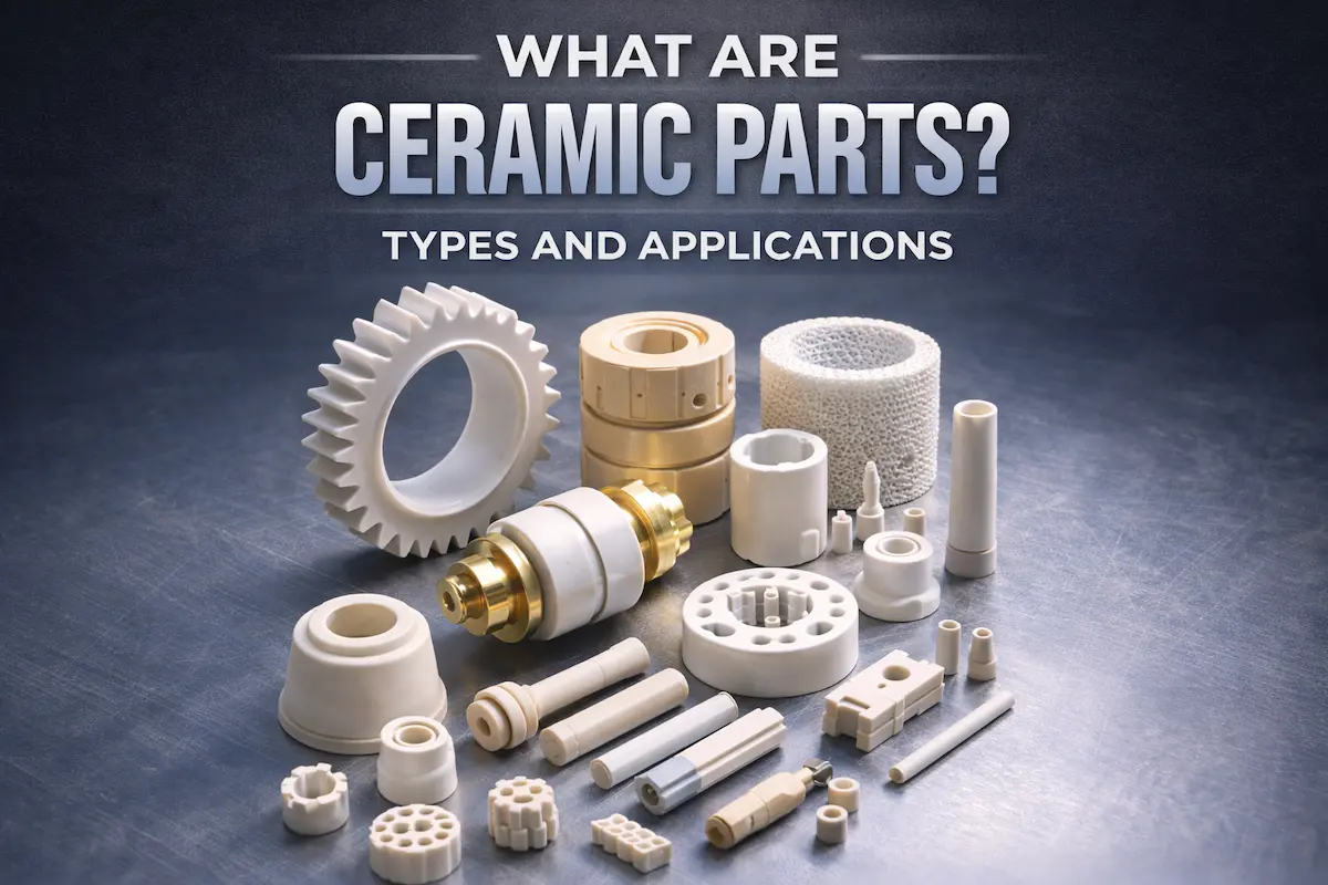 Cover image for the article “What Are Ceramic Parts? Types and Applications,” showing a range of precision ceramic components including rings, tubes, nozzles, insulators, and wear parts arranged on a metal surface.
