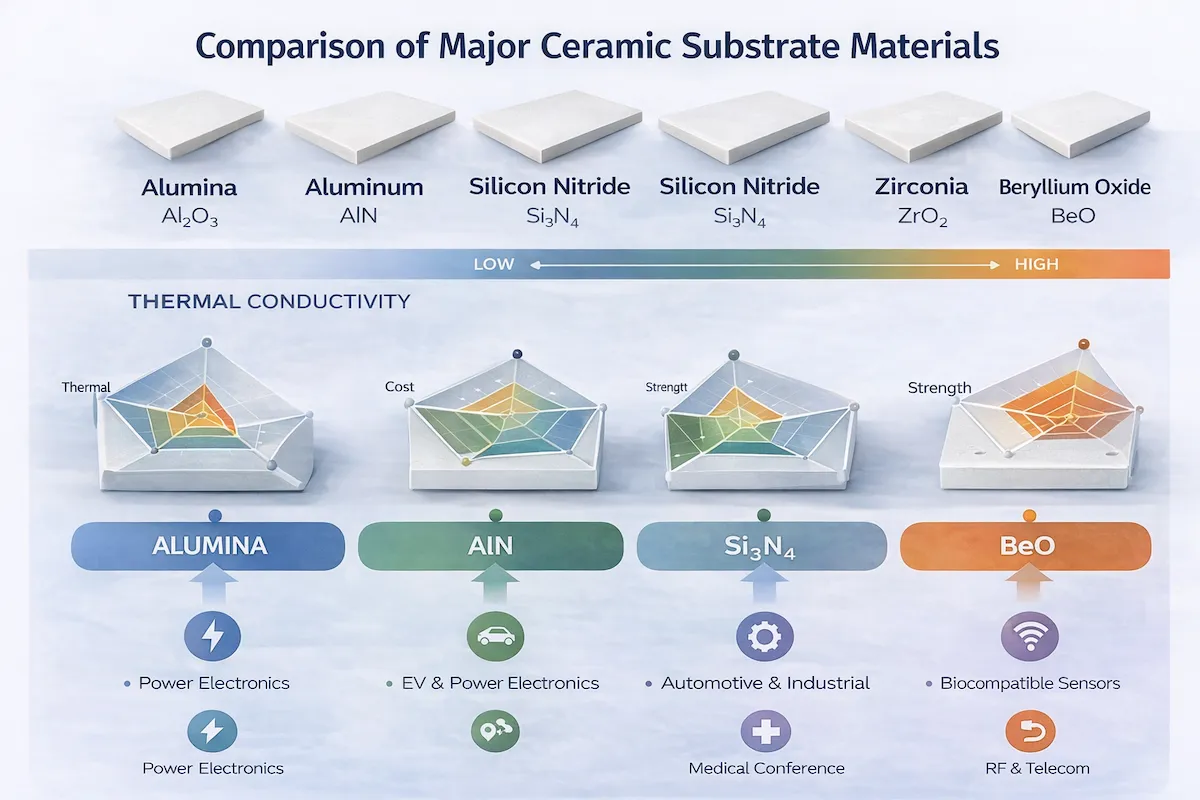 Comparison of major ceramic substrate materials including alumina, aluminum nitride, silicon nitride, zirconia, and beryllium oxide