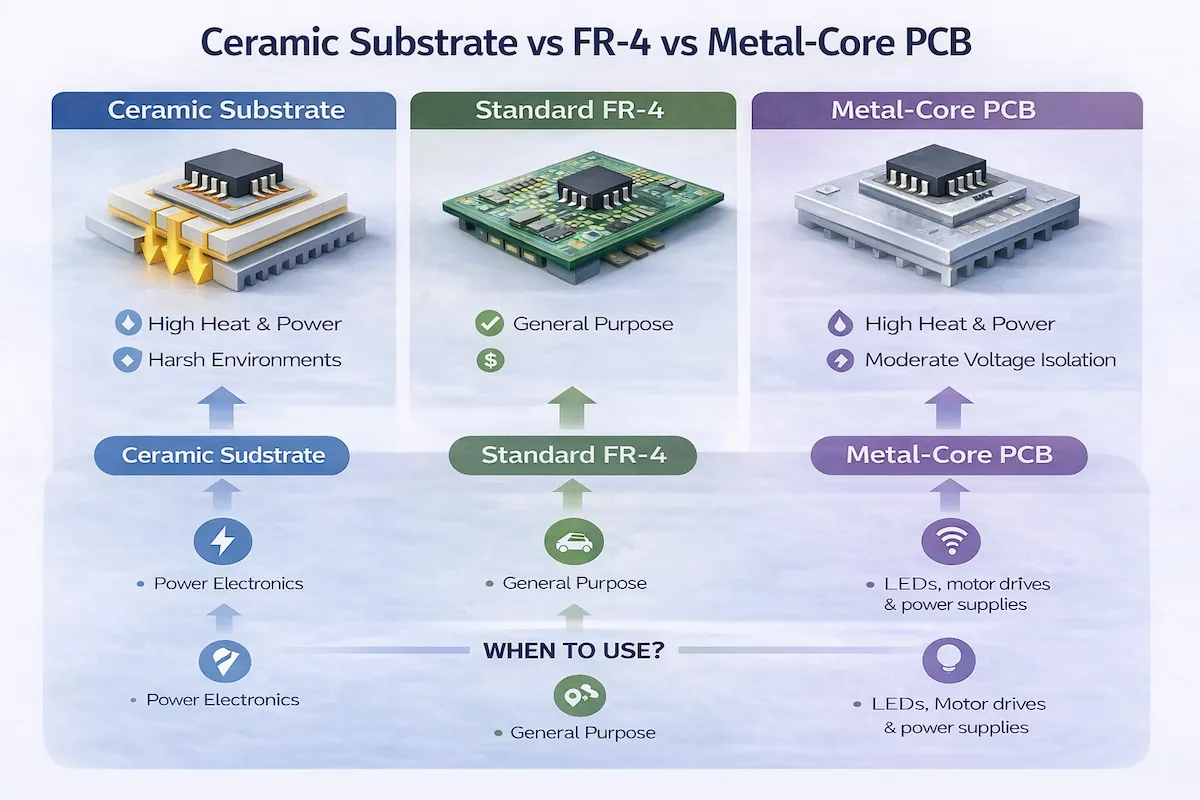 Comparison of ceramic substrate, FR-4 PCB, and metal-core PCB for heat dissipation, voltage isolation, durability, and application fit