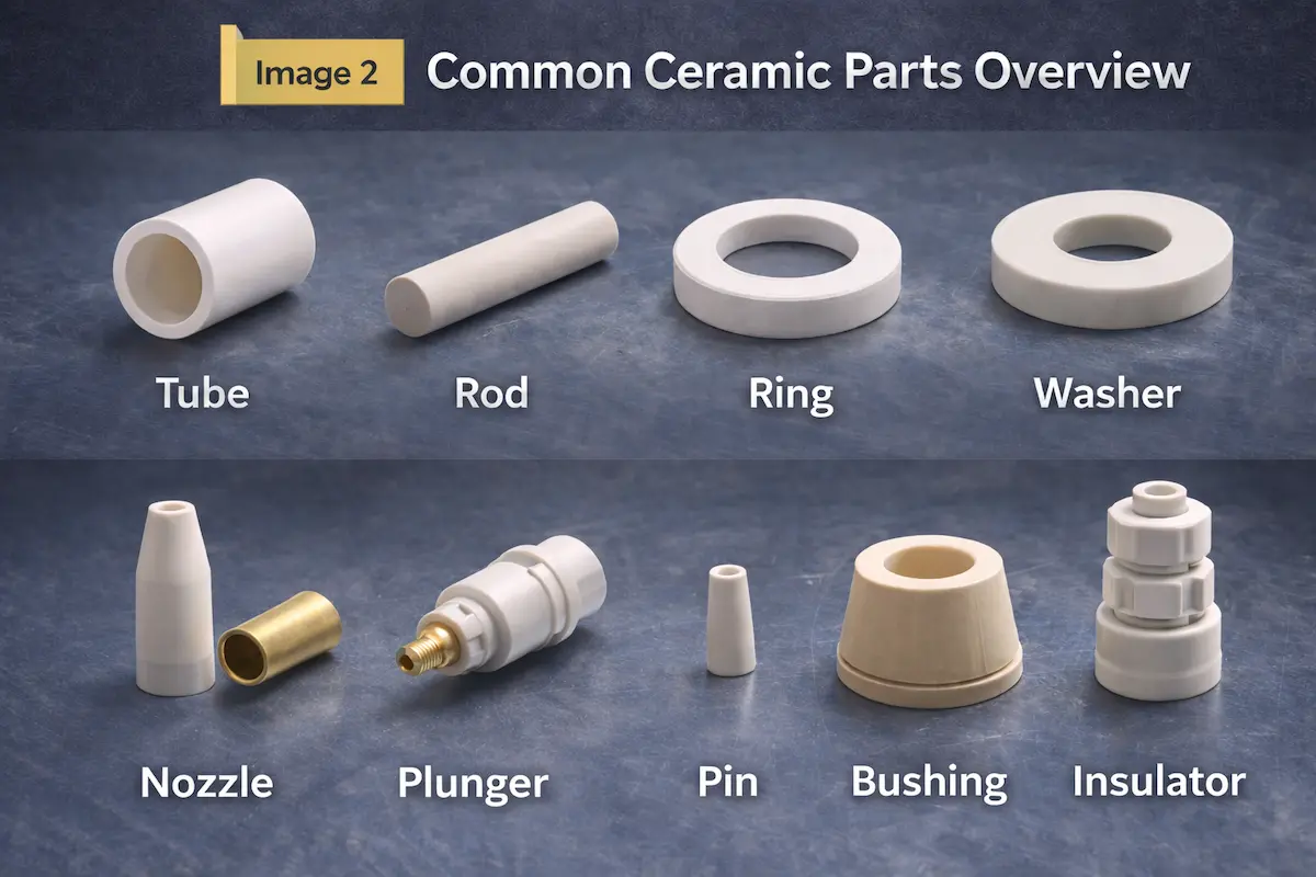 Overview of common ceramic parts including tube, rod, ring, washer, nozzle, plunger, pin, bushing, and insulator.
