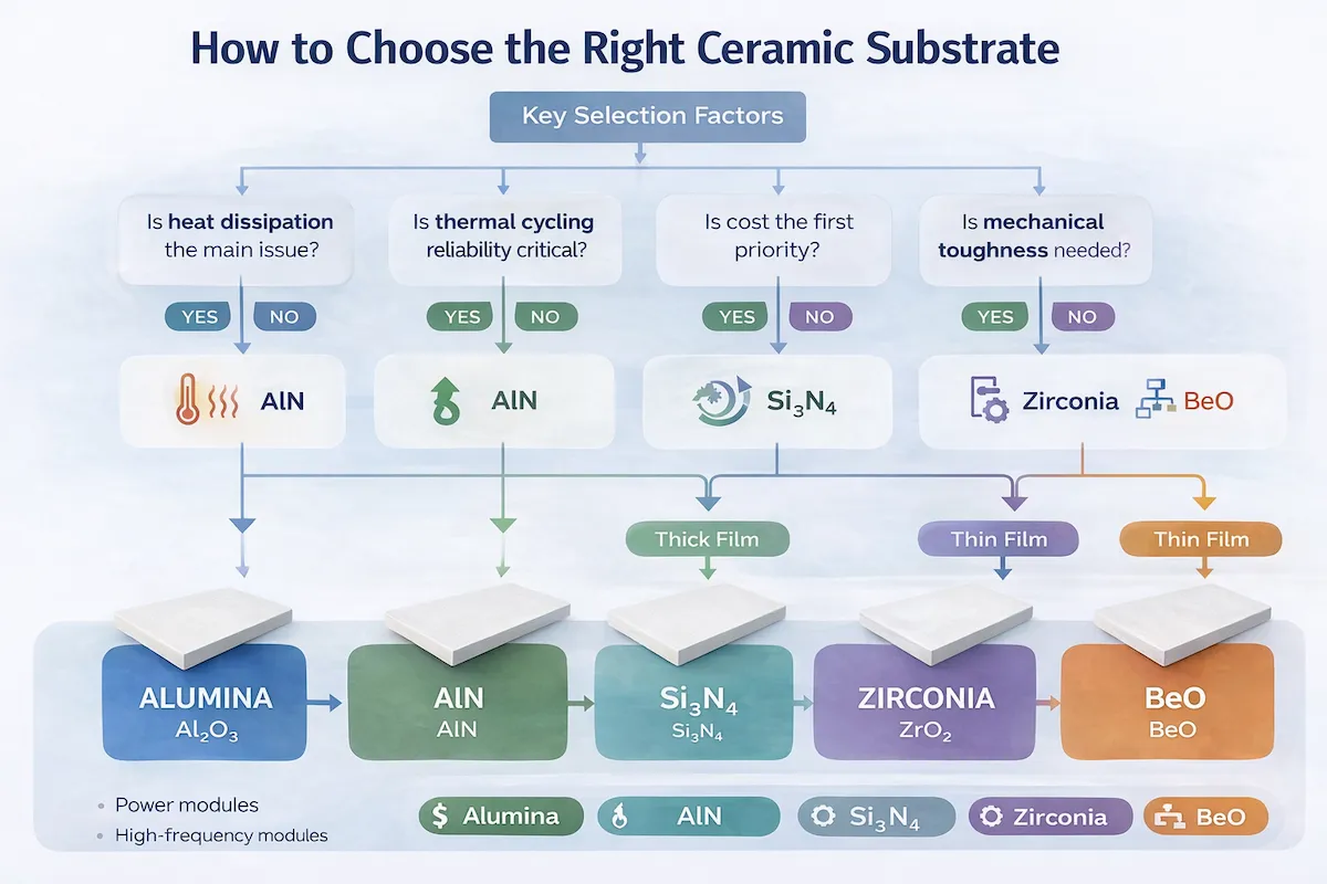 Decision flowchart for choosing the right ceramic substrate based on heat dissipation, thermal cycling reliability, cost priority, and mechanical toughness