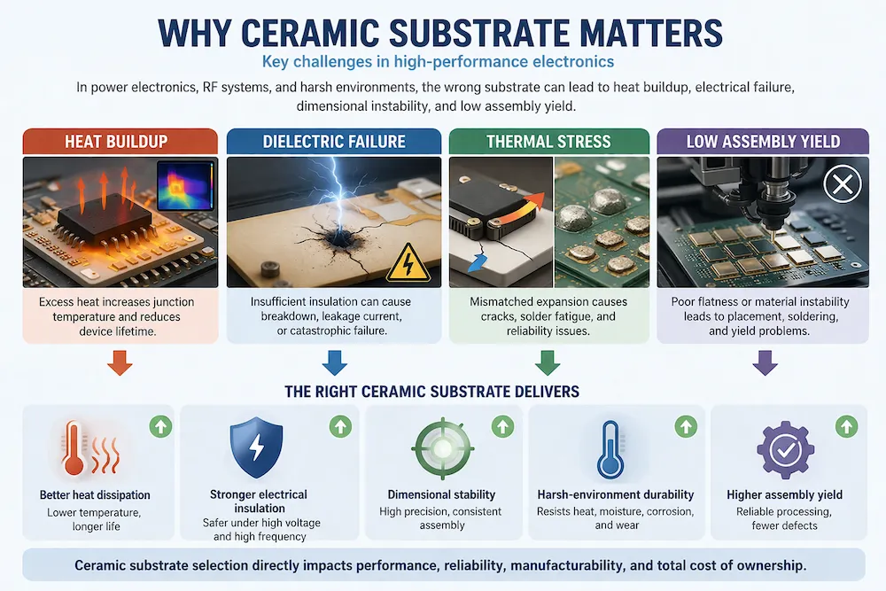 Infographic showing why ceramic substrate selection matters for heat dissipation, electrical insulation, dimensional stability, durability, and assembly yield
