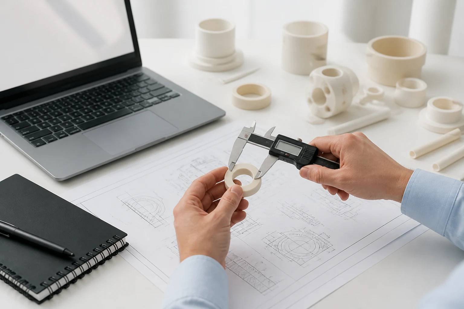 Engineer reviewing a ceramic component drawing and dimensional requirements