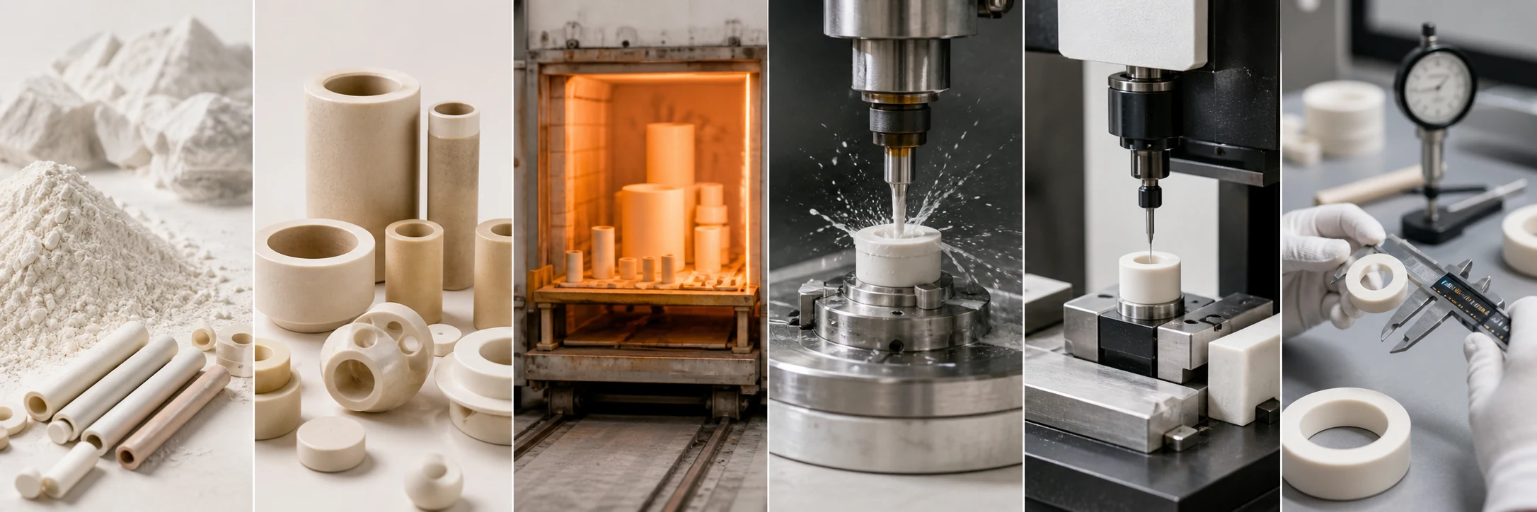 Ceramic process from raw material and sintering to machining and inspection