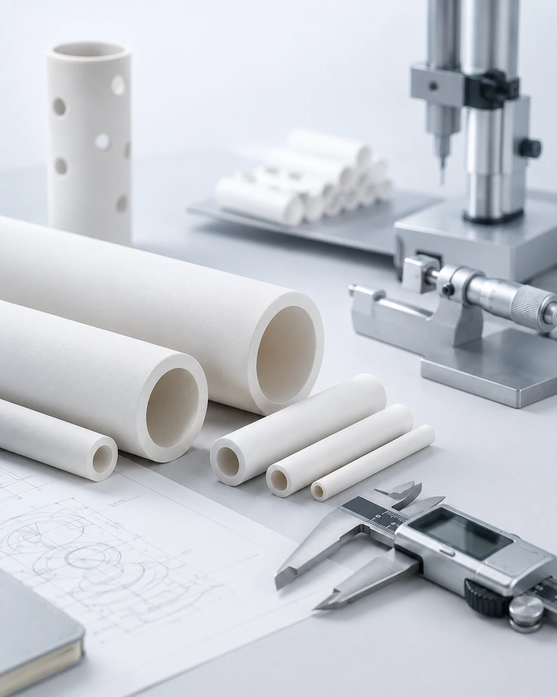 Alumina ceramic tube quality inspection with precision dimensional measurement equipment